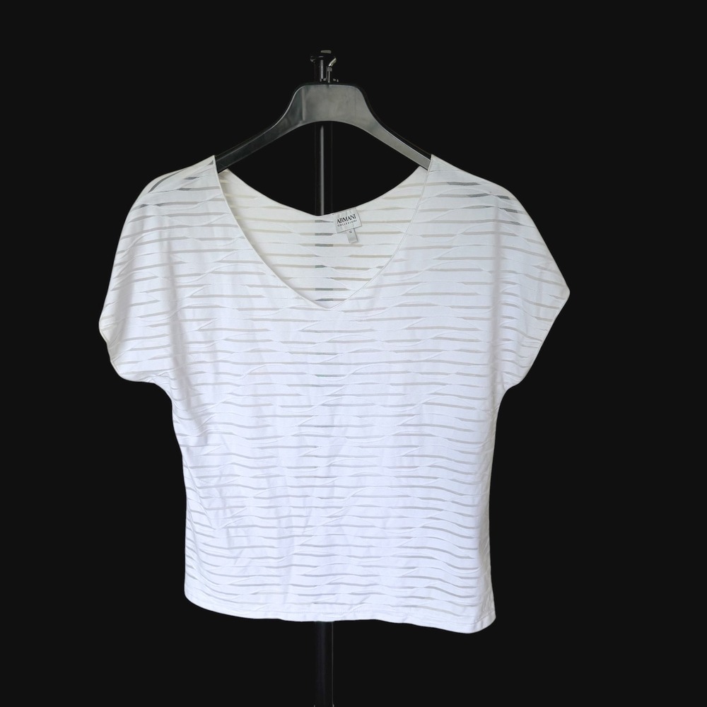 Armani Collezioni White Textured Stripe‎ V-Neck Cap Sleeve Top Size 12 NMM61J